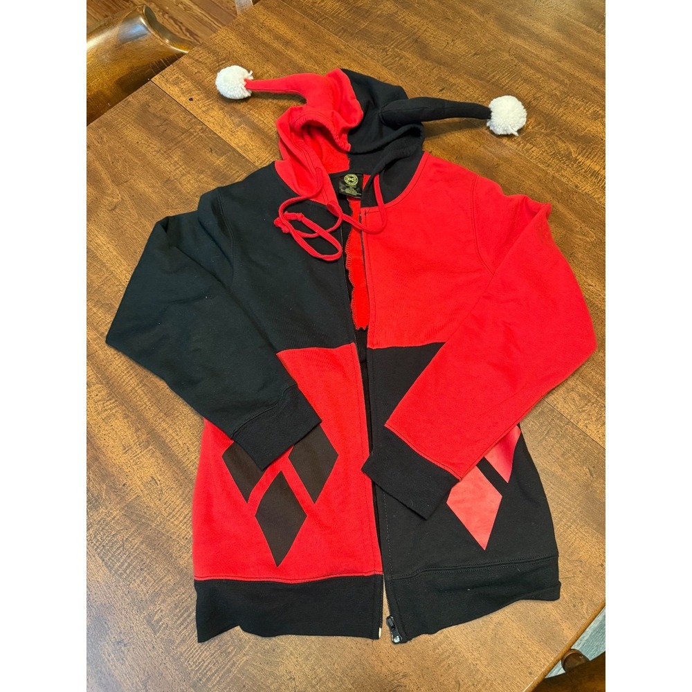 DC Comics Harley Quinn Hoodie Juniors L 11/13 Red Black Jester Full Zip